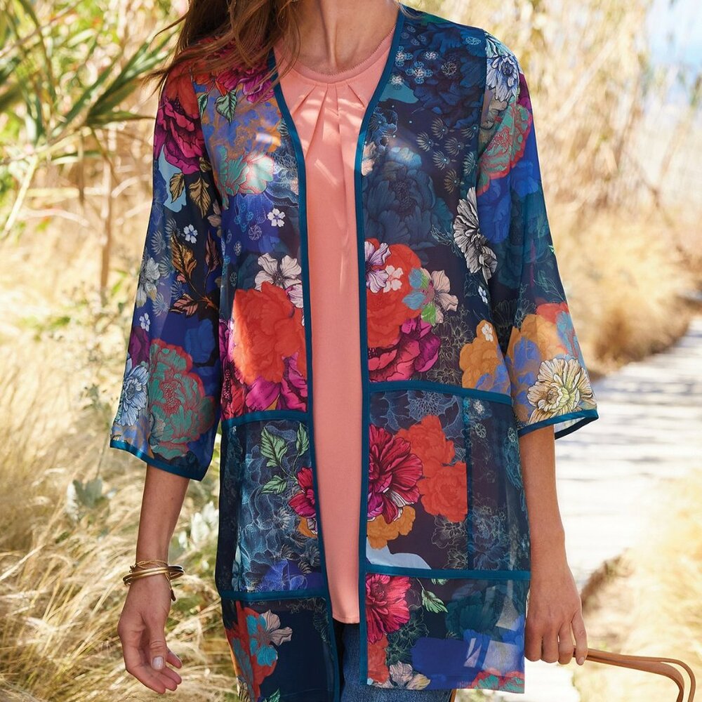 Soft Surroundings Blue Floral Sheer Cover-up Tunic Size MP